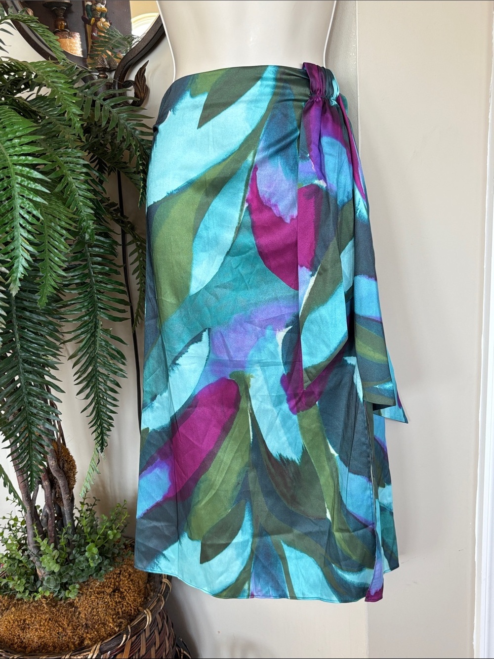 NWT Banana Republic Teal, Purple & Green Silky Crepe Sarong Faux Wrap Midi Skirt